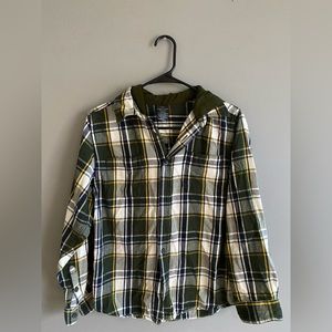 Green and blue flannel with a hoodie